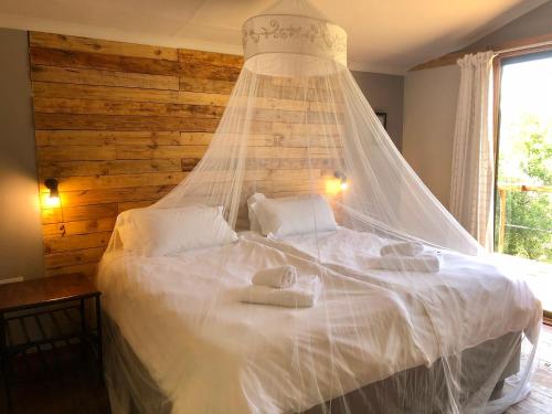 a bedroom with a bed with a mosquito net at Firefly Farm in KwaNibela