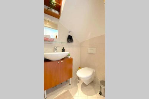 een badkamer met een wit toilet en een wastafel bij Who's Anton? Monnickendam, vlak bij Amsterdam in Monnickendam