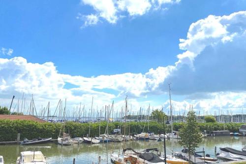 a bunch of boats docked in a marina with a cloudy sky at Who's Anton? Monnickendam, vlak bij Amsterdam in Monnickendam