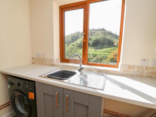 a kitchen with a sink and a window at Ploony Hill Cabin in Knighton