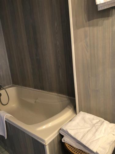 a bathroom with a bath tub and a sink at Auberge du Renard'eau in Bèze