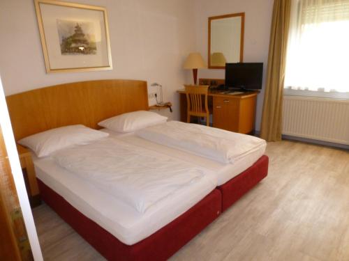Schlafzimmer mit einem Bett und einem Schreibtisch mit einem TV in der Unterkunft Bed & Breakfast Bulligan in Lindau