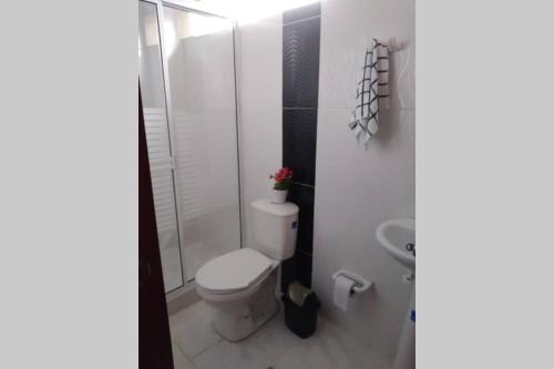 uma casa de banho com um WC e uma cabina de duche em vidro. em Piso 3-Apartment near to Cali airport em Palmira