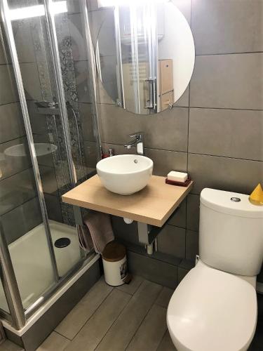 une salle de bain avec un lavabo, des toilettes et une douche dans l'établissement Cabourg - Bel appartement lumineux avec balcon dans résidence privée, à Cabourg