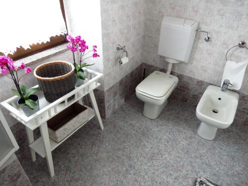 a bathroom with a white toilet and a sink at Lo Gnomo sotto al Glicine in Châtillon
