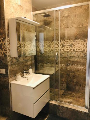 een badkamer met een wastafel en een douche bij Sighisoara apartment in Sighişoara