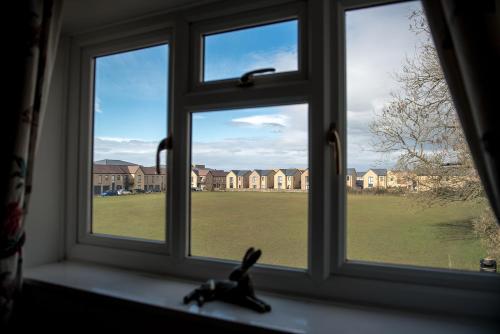 a toy rabbit sitting on a window sill looking out at a yard at Newly renovated Old bakery House in Bath, 3 Bedroom, FREE Parking in Bath