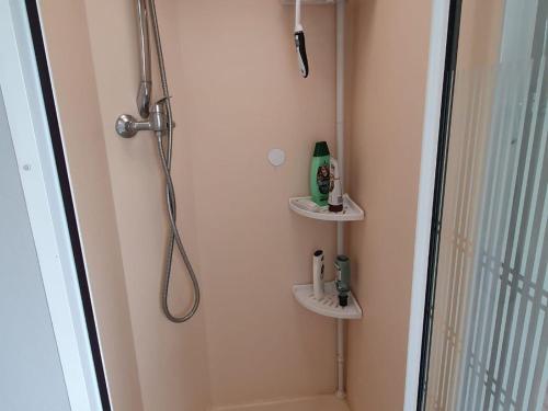 a bathroom with two sinks and a shower at Inviting Mobile Home in Auw near Lake, City Centre in Auw