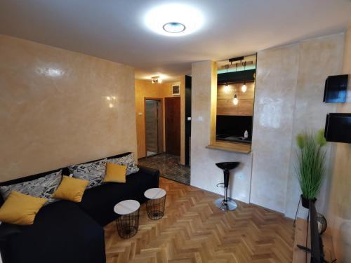 uma sala de estar com um sofá preto e almofadas amarelas em Centar Stan na dan sa besplatnim parkingom em Novi Sad