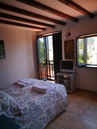 a bedroom with a bed and a tv and windows at Finca Josefina in Miengo