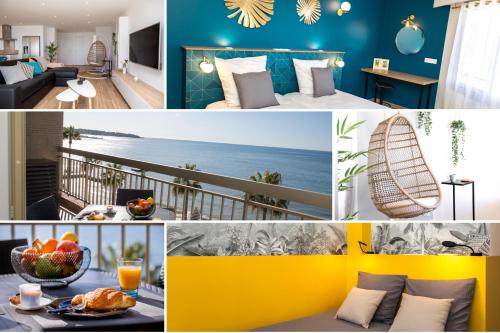 un collage de photos d'une chambre d'hôtel avec l'océan dans l'établissement Vue Mer Panoramique, Clim, Balcon et Plages, à Antibes