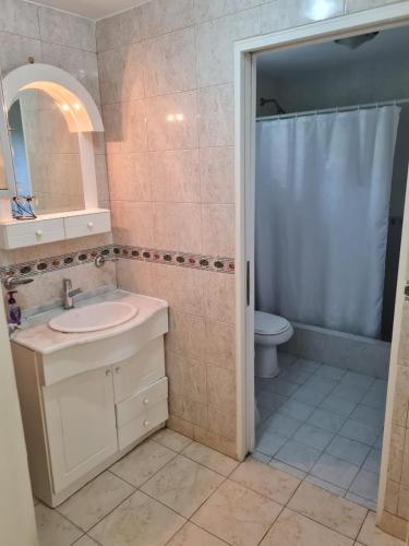 a bathroom with a sink and a shower and a toilet at Casa Anémona in Merlo