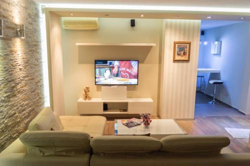 - un salon avec un canapé et une télévision dans l'établissement Terranova Apartment (city central), à Belgrade