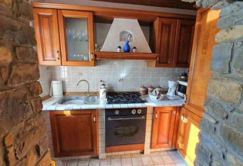 cocina con armarios de madera y horno con fogones en Casa Prodan, en Buzet