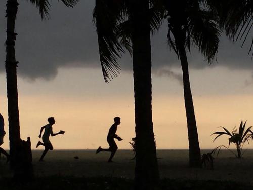 two men running on the beach with palm trees at Mandaram villas in Mararikulam