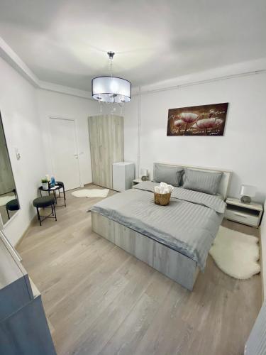 錫吉什瓦拉的住宿－Central Amelie Apartment，一间卧室配有一张大床和一个吊灯。