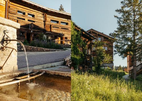 two pictures of a house and a water fountain at Maiensässhotel Guarda Val in Lenzerheide