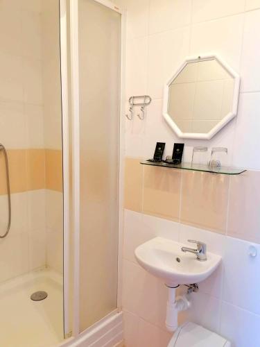 a bathroom with a sink and a shower with a mirror at Hotel Dejmalik in Litoměřice