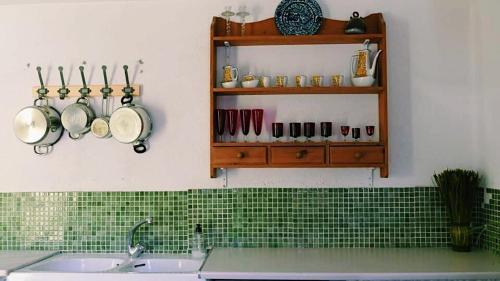 a kitchen with a sink and a shelf with utensils at Ca la REIA in Castellfollit de la Roca