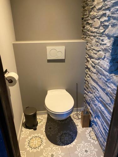 a bathroom with a toilet and a stone wall at Au p’tit loup in Bastogne