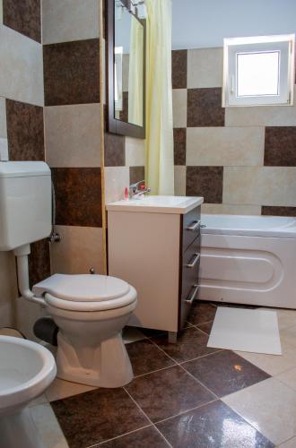 a bathroom with a toilet and a sink and a tub at APARTAMENT ALESSI BUȘTENI in Buşteni