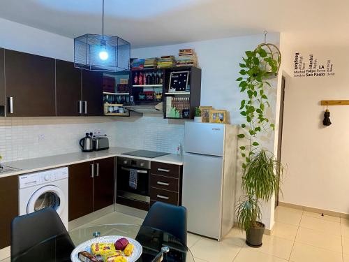 a kitchen with a refrigerator and a table with a bowl of fruit at Fat Cow Apartment 103 in Larnaka
