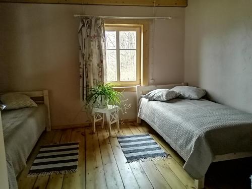 sypialnia z 2 łóżkami i oknem w obiekcie Dzirnavkalns w mieście Cesvaine