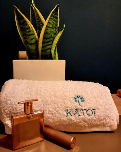 a towel sitting on a table next to a plant at Katoi traditional house in Éxo Khóra