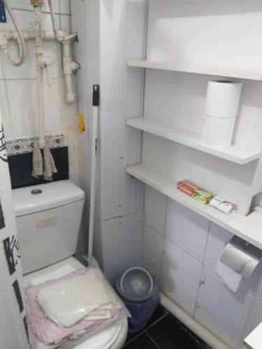 baño pequeño con aseo blanco y estanterías en CHE LOLITA HOUSE en Buenos Aires