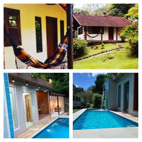 a collage of three pictures with a hammock next to a house at Eco Chalés Águas Claras in Lumiar