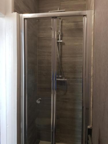y baño con ducha y puerta de cristal. en Quantock Lodge Studio 2 en Strood