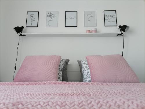 a bedroom with a pink bed with two pillows at SvjetlanAlex 2 in Banja Koviljača