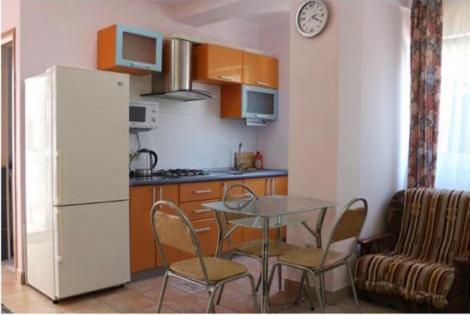 ラザレフスコエにあるLagunaのキッチン(テーブル、椅子、冷蔵庫付)