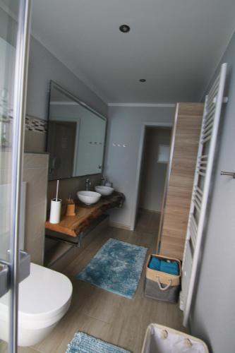 bagno con servizi igienici, lavandino e specchio di harz-traum.2 a Gernrode - Harz