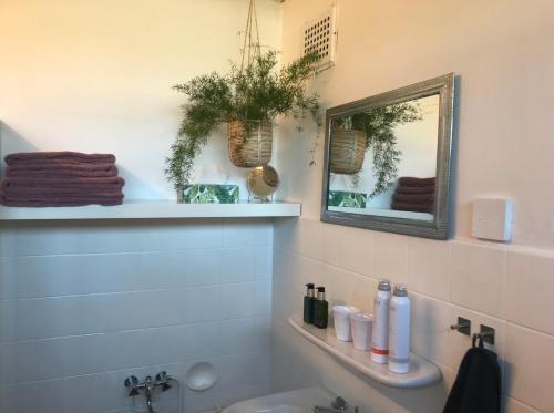 uma casa de banho com um lavatório e um espelho em De Vlies em Venray