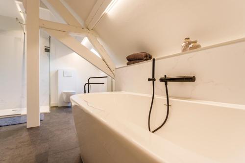 a bathroom with a bath tub with a shower at B&B 'T ZOUTE in Jabbeke