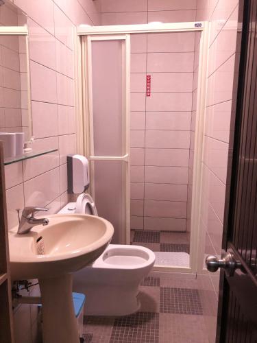 a bathroom with a sink and a toilet and a shower at 金門后倉七號新古厝民宿 in Jinning