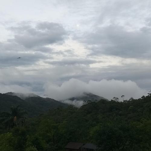 a bird is flying over a mountain with clouds at Pousada Caminho dos Ipês in Bocaina de Minas