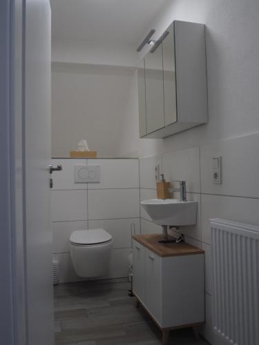 a white bathroom with a toilet and a sink at Gemütliche Wohnung im Zentrum, Kaffeevollautomat, Smart TV in Idar-Oberstein