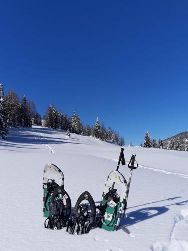 a pair of snowboards sitting in the snow at Appartamenti al Ciariè in Cima Gogna