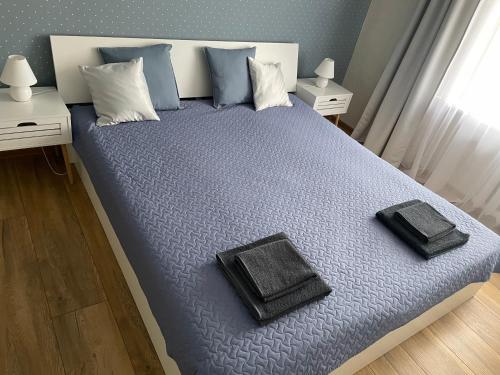 a bedroom with a large bed with two trays on it at IGNALINOS APARTAMENTAI in Ignalina