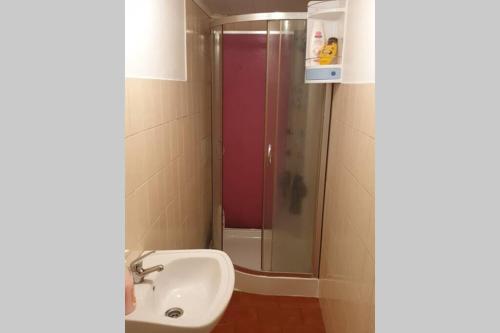 a bathroom with a shower with a sink and a toilet at Casa da Mina in Ponta Delgada