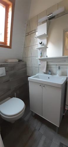 a white bathroom with a toilet and a sink at Mona apartman in Keszthely