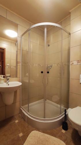 a bathroom with a shower and a toilet and a sink at Silver Park Vendégház in Berettyóújfalu