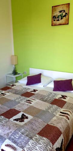 a bedroom with two beds and a green wall at IstraNova Apartments in Rovinj