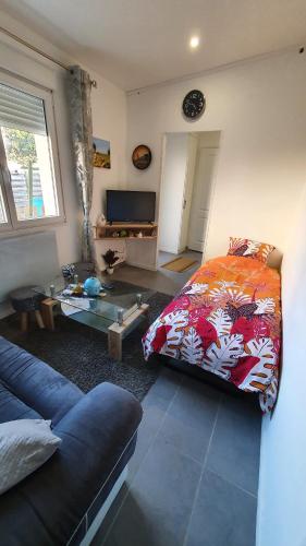sala de estar con cama y sofá en Le paradis iyedessil, en Dijon