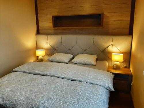 two beds in a room with two lights on them at Apartamenty Lubin - Cuprum in Lubin