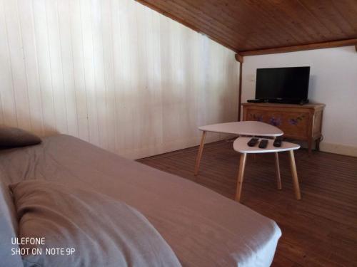 une chambre avec un lit, une table et une télévision dans l'établissement Location gîte proche Gourdon (46300) 4 à 6 personnes, à Saint-Cirq-Souillaguet