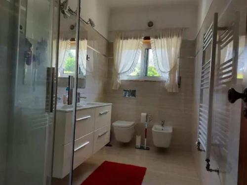 a bathroom with a toilet and a sink and a shower at Casa da Cavada - 6 quartos-rooms in Caminha