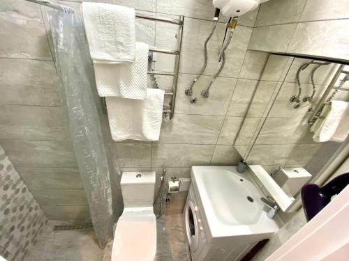a bathroom with a white toilet and a sink at Deribasovskaya Center Apartment in Odesa